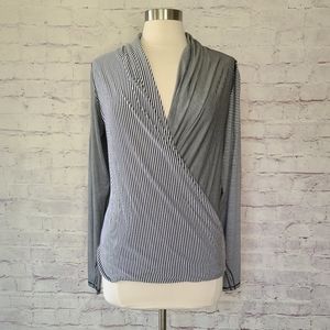 NWOT Mystree Multi Stripe Draped Front Faux Wrap Surplice Athletic Long Sleeve M